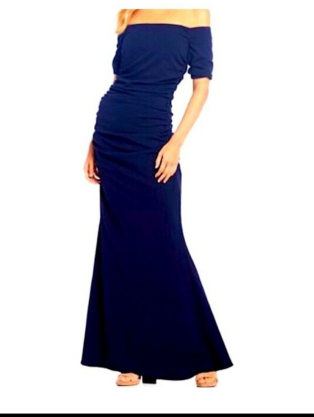 Belle Badgley Mischka Navy Off-Shoulder Ruched   Dress  Size 6